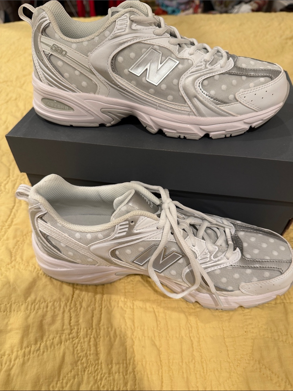 New Balance silver white metallic polka dot sneakers 11.5 women nwt